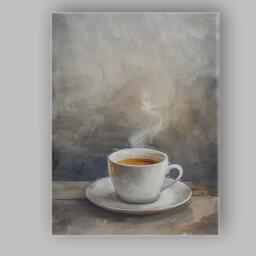 Minimalist Steaming Coffee Cup Neutral Toned Kitchen Art Canvas Wall Print Decor Picture Ready To Hang - thumbnail 1
