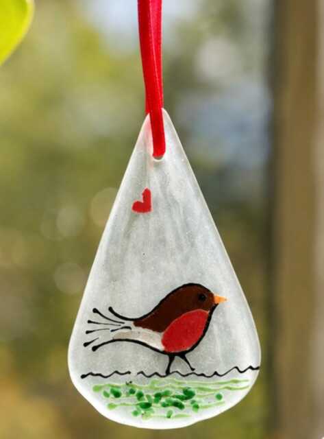 Fused Glass Robin Christmas Decoration, Handmade Ornament, Bird Gift, Remembrance Robin, Tree Decoration - image 1