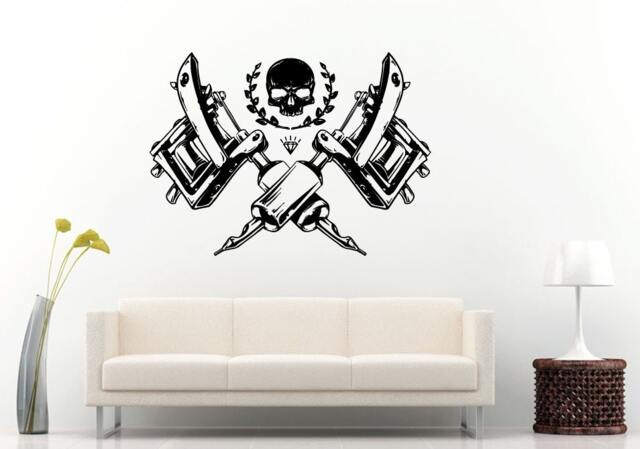 Skull With Two Tattoo Guns Needles Equipment Crossing History Wall Decal Vinyl Sticker Mural Room Decor L1201 - image 1