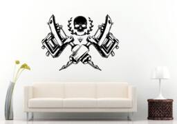 Skull With Two Tattoo Guns Needles Equipment Crossing History Wall Decal Vinyl Sticker Mural Room Decor L1201 - thumbnail 1
