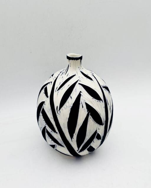 Artistic Vase, New Home Gift, White Black Ceramic Decor, Pottery Hostess Porcelain Leaves Vase - image 1