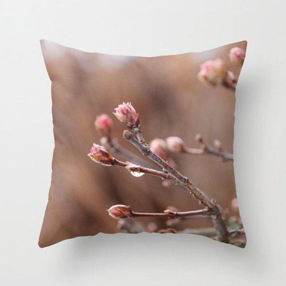 New Life, Pillow Or Cover Home Decoration, Flower, Tree Buds, Mauve, Rose & Earth Tones, Floral Decor, Rain Drop, Spring - image 1