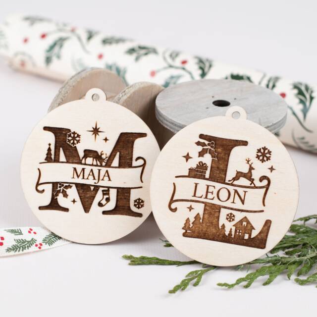 Personalized Christmas Tree Pendant With Desired Name Made Of Wood, Ball Decoration - image 1