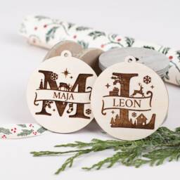 Personalized Christmas Tree Pendant With Desired Name Made Of Wood, Ball Decoration - thumbnail 2