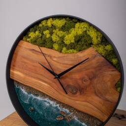 Moss & Epoxy Resin Wooden Wall Clock Beach Wave Decor - thumbnail 2