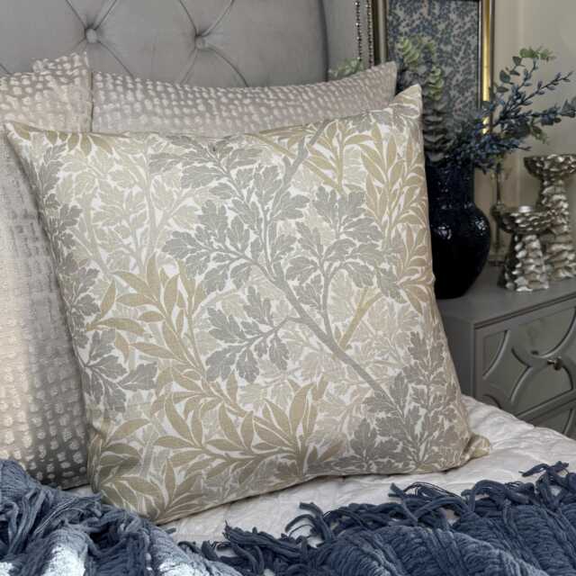 Handmade William Morris Foliage Barley Cushion Cover - Beige Grey Floral Cotton English Heritage Style - image 1