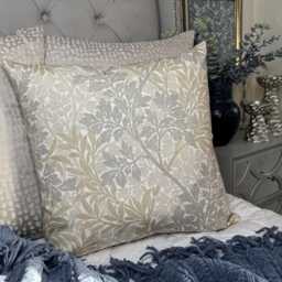 Handmade William Morris Foliage Barley Cushion Cover - Beige Grey Floral Cotton English Heritage Style - thumbnail 1