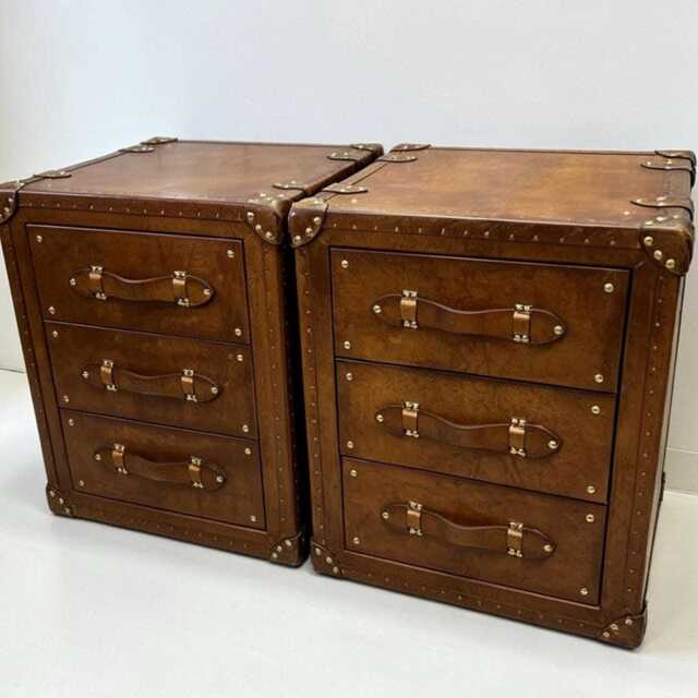 Tan Leather Trunk Nightstands Vintage English Style, Brass Hardware, Bedroom Furniture Pair - image 1