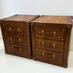 Tan Leather Trunk Nightstands Vintage English Style, Brass Hardware, Bedroom Furniture Pair - thumbnail 1