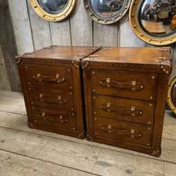 Tan Leather Trunk Nightstands Vintage English Style, Brass Hardware, Bedroom Furniture Pair - thumbnail 4