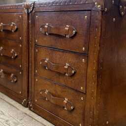 Tan Leather Trunk Nightstands Vintage English Style, Brass Hardware, Bedroom Furniture Pair - thumbnail 2