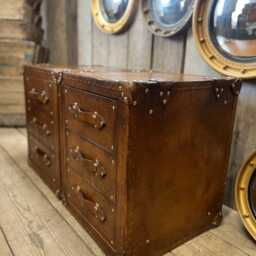 Tan Leather Trunk Nightstands Vintage English Style, Brass Hardware, Bedroom Furniture Pair - thumbnail 3