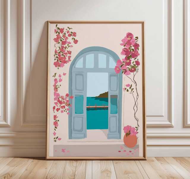 Mediterranean Window View Art Print, Pink Bougainvillea Poster, Boho Travel Aesthetic, Coastal Wall Decor, Summer Vibe Gift - image 1