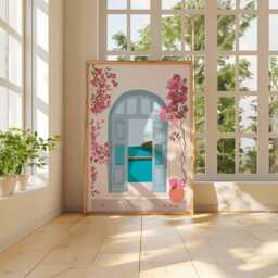Mediterranean Window View Art Print, Pink Bougainvillea Poster, Boho Travel Aesthetic, Coastal Wall Decor, Summer Vibe Gift - thumbnail 3