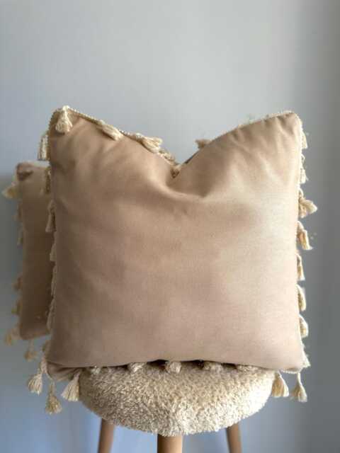Linen Beige Pillow Cover Waterproof Tassel Cushion Case - image 1