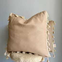 Linen Beige Pillow Cover Waterproof Tassel Cushion Case - thumbnail 2