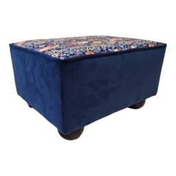 William Morris Navy Birds Fabric Footstool Blue Velvet Base, Mahogany Feet