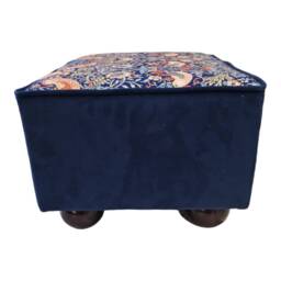 William Morris Navy Birds Fabric Footstool Blue Velvet Base, Mahogany Feet - thumbnail 3