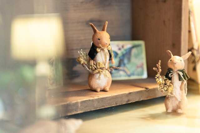 Decorative Cotton Yarn Bunny, Rabbit With Cape & Flower Basket, Spring Figurine Real Flowers, Woodland Animals - image 1