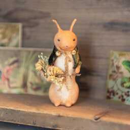 Decorative Cotton Yarn Bunny, Rabbit With Cape & Flower Basket, Spring Figurine Real Flowers, Woodland Animals - thumbnail 2