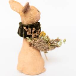 Decorative Cotton Yarn Bunny, Rabbit With Cape & Flower Basket, Spring Figurine Real Flowers, Woodland Animals - thumbnail 3