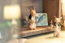 Decorative Cotton Yarn Bunny, Rabbit With Cape & Flower Basket, Spring Figurine Real Flowers, Woodland Animals
