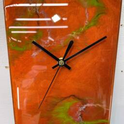 Narrow Copper & Moss Green Abstract Resin Wall Clock, Long Modern Home Decor, Kitchen Clock - thumbnail 3