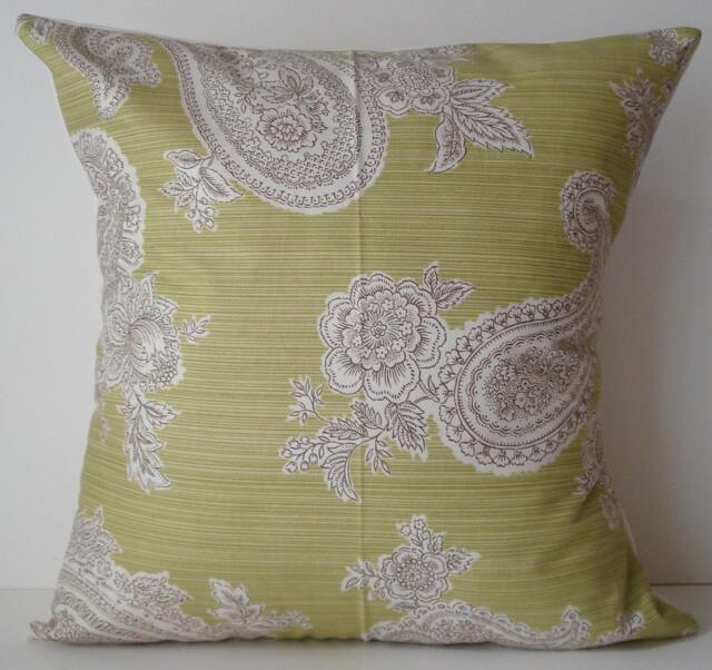 New 18x18 Inch Designer Handmade Pillow Case in Taupe & Chartreuse Paisley