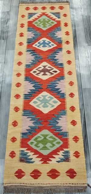 Tribal Runner Rug, Handmade Artisan Afghan Turkish Scandinavian Navajo Bohemian Flatweave Wool Kilim Rug 198x61 cm - image 1