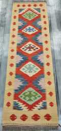 Tribal Runner Rug, Handmade Artisan Afghan Turkish Scandinavian Navajo Bohemian Flatweave Wool Kilim Rug 198x61 cm - thumbnail 1