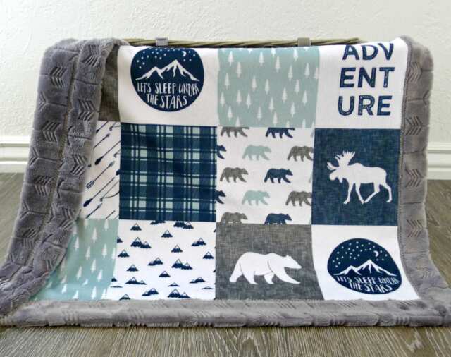 Minky Baby Blanket - Personalized Boy Navy Bedding Adventure Woodland Nursery Rustic - image 1