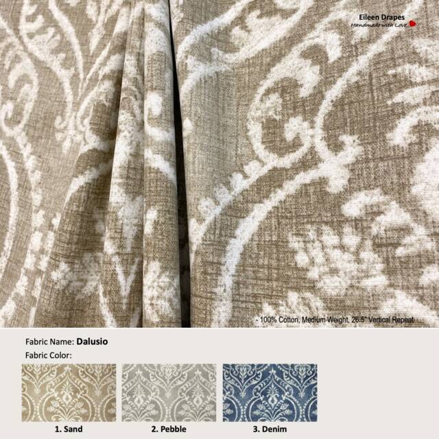 Dalusio 3 Colors Damask Floral Lotus Taupe Blue Cotton Curtain, Valance Extra Width, Pleated, Lined Drapery Panel Offered As Upgrades - image 1