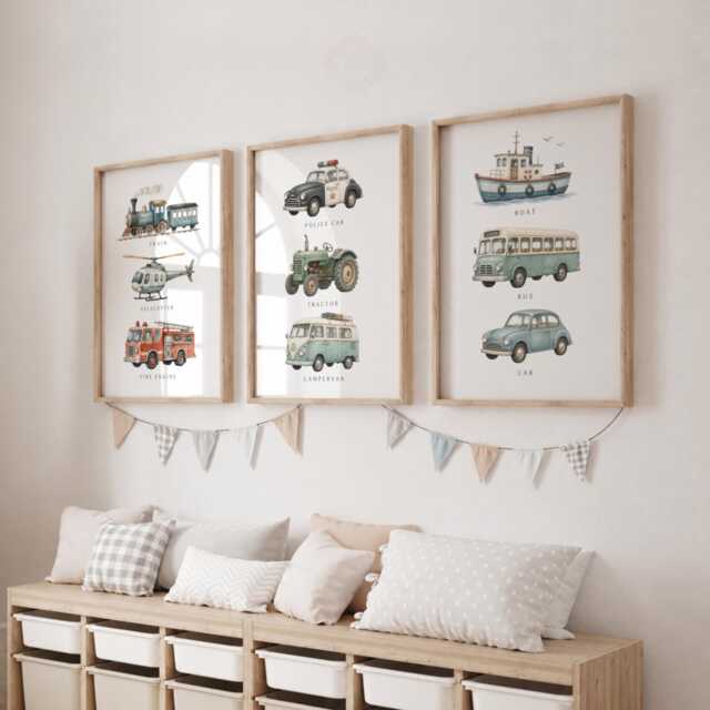 Transport Vehicle Prints - Set Of 3 Nursery Car Wall Art, Kids Bedroom Posters - image 1