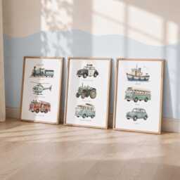 Transport Vehicle Prints - Set Of 3 Nursery Car Wall Art, Kids Bedroom Posters - thumbnail 2