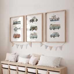 Transport Vehicle Prints - Set Of 3 Nursery Car Wall Art, Kids Bedroom Posters - thumbnail 1