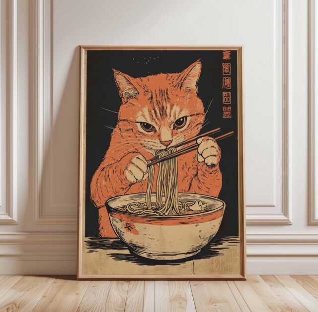 Ginger Cat Ramen Poster, Japanese Food Art, Cute Noodle Print, Eating Ramen, Asian Wall Fun Kitchen Decor, Bowl Poster - image 1