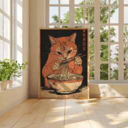 Ginger Cat Ramen Poster, Japanese Food Art, Cute Noodle Print, Eating Ramen, Asian Wall Fun Kitchen Decor, Bowl Poster - thumbnail 3
