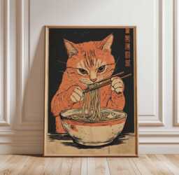 Ginger Cat Ramen Poster, Japanese Food Art, Cute Noodle Print, Eating Ramen, Asian Wall Fun Kitchen Decor, Bowl Poster - thumbnail 1