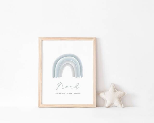 Personalised Name Blue Grey Rainbow Print, Baby Boy, Nursery Prints, Boys Bedroom, Christening Gift, Neutral Nursery, Wall Art, New Baby, A3 - image 1