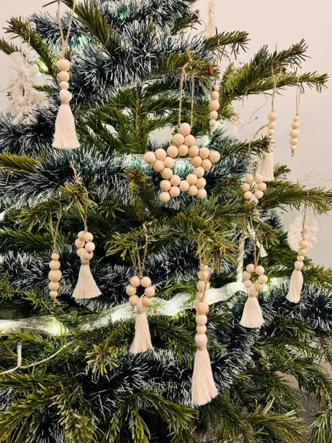 Rustic Gift Set Of Wooden Christmas Macrame Ornaments - Bohemian Tree Decor Beads Present Toppers - image 1