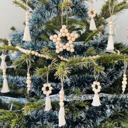 Rustic Gift Set Of Wooden Christmas Macrame Ornaments - Bohemian Tree Decor Beads Present Toppers - thumbnail 2