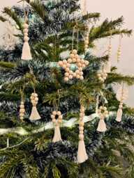 Rustic Gift Set Of Wooden Christmas Macrame Ornaments - Bohemian Tree Decor Beads Present Toppers