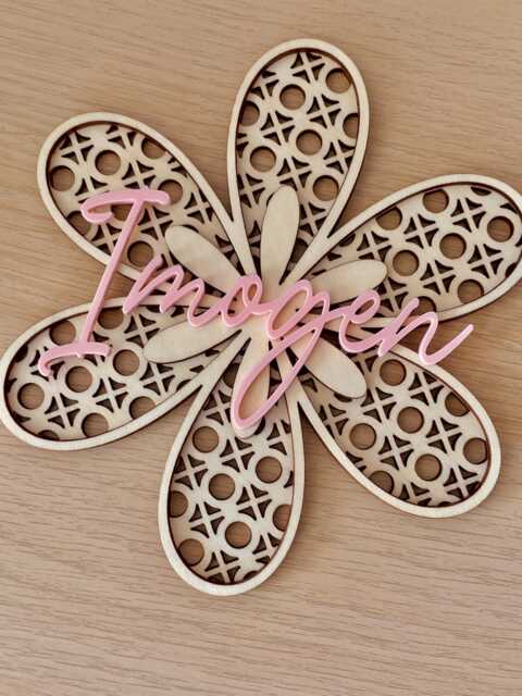 Wooden Rattan Flower With Personalised Name. Nursery Or Children's Bedroom Decor Sign. Custom Wall Girls Name - image 1