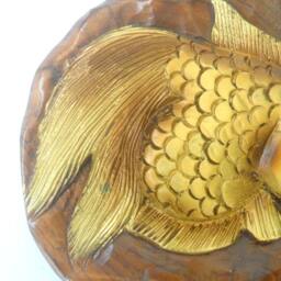 "Handmade Natural Teak Wood Hand Carved Round Shape Gold Fish Good Luck Carving Wall Hanging Art Home Decor/Gift 7.75""x0.75" - thumbnail 2