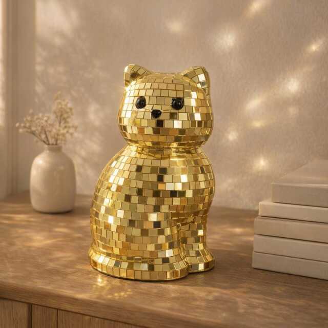 Mirror Mosaic Cat Figurine - Gold Silver & Lilac Sparkle Glam Statement Decor Gift For Her Housewarming UK Personalised Option - image 1