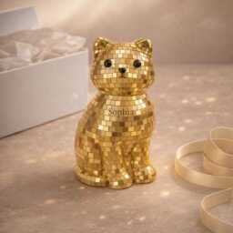 Mirror Mosaic Cat Figurine - Gold Silver & Lilac Sparkle Glam Statement Decor Gift For Her Housewarming UK Personalised Option - thumbnail 4