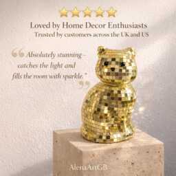 Mirror Mosaic Cat Figurine - Gold Silver & Lilac Sparkle Glam Statement Decor Gift For Her Housewarming UK Personalised Option - thumbnail 2