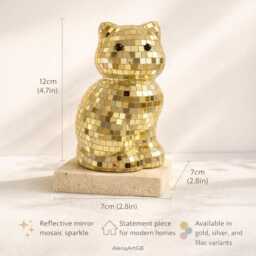 Mirror Mosaic Cat Figurine - Gold Silver & Lilac Sparkle Glam Statement Decor Gift For Her Housewarming UK Personalised Option - thumbnail 3