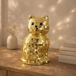 Mirror Mosaic Cat Figurine - Gold Silver & Lilac Sparkle Glam Statement Decor Gift For Her Housewarming UK Personalised Option - thumbnail 1