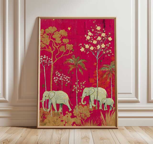 Indian Elephant Floral Print, Bohemian Wall Art, Pink & Gold Oriental Poster, Exotic Nature Decor, Cultural Home Design - image 1
